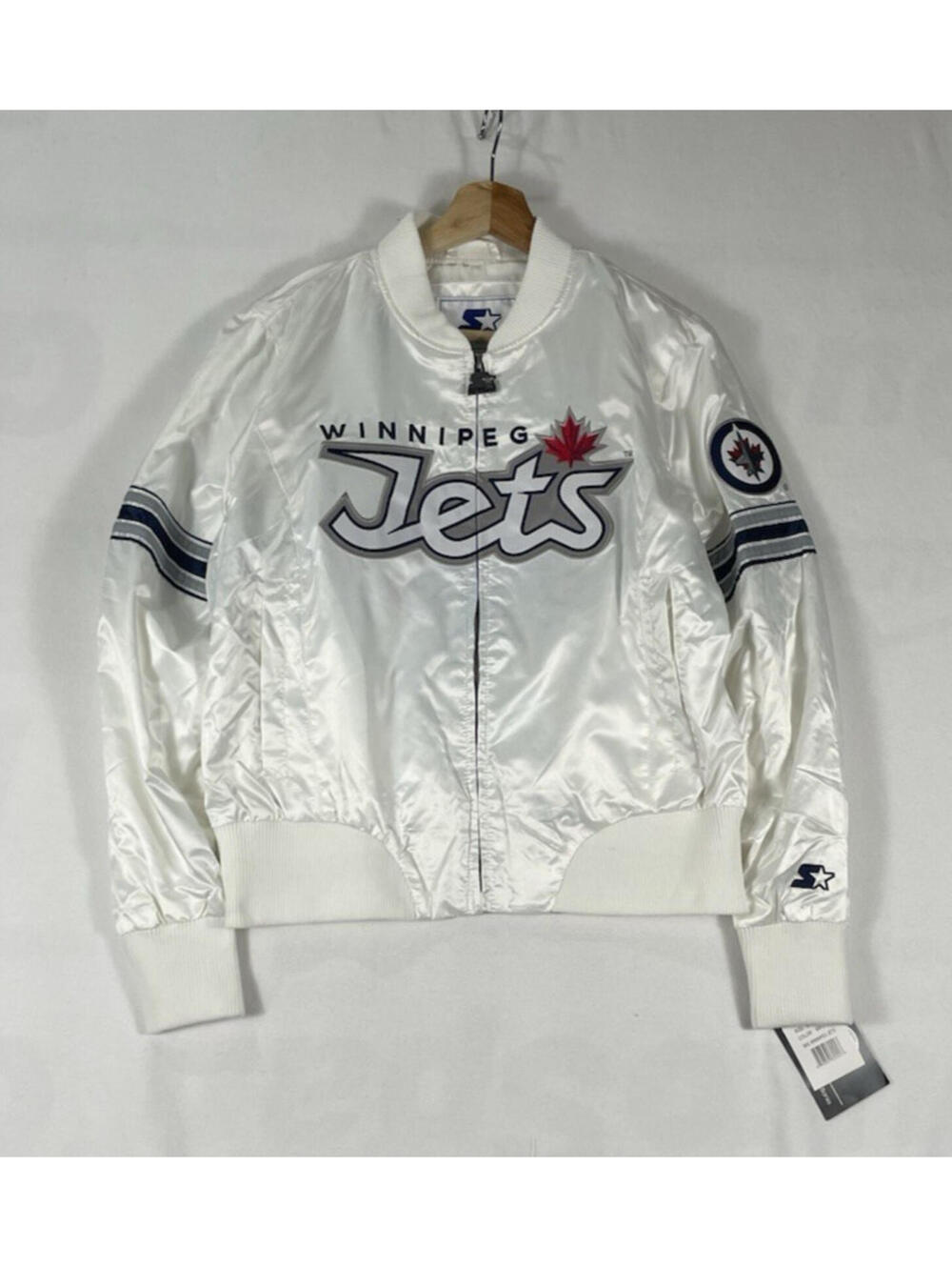 WOMENS Starter GIII Sports Winnipeg Jets NHL Satin Navy Bomber Jacket Sz L